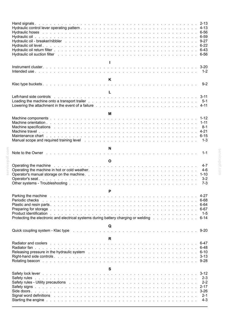 May include: A detailed table of contents from a manual, featuring various sections like hydraulic systems, safety procedures, and machine operation. The text is in black font on a white background.