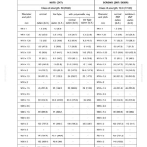May include: Table of tightening torques for nuts and screws, with measurements in lb.ft. and daNm. Includes specifications for various bolt sizes, such as M6 x 1, M8 x 1.25, and M10 x 1.25, and their corresponding torque values.