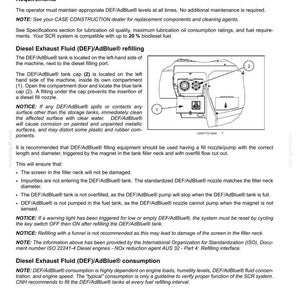 May include: Diagram of a machine's DEF/AdBlue tank and filling components. The image includes labels for the tank cap and compartment door, along with instructions for refilling and maintenance. Text includes safety notices and technical specifications.