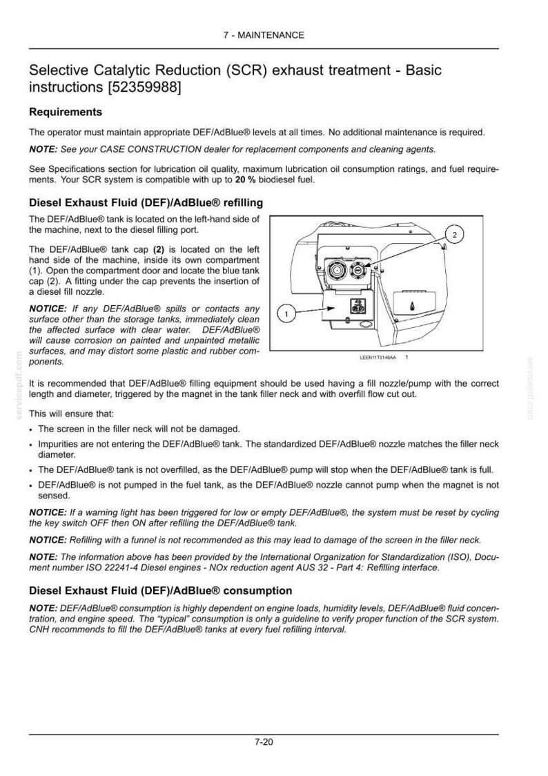 May include: Diagram of a machine's DEF/AdBlue tank and filling components. The image includes labels for the tank cap and compartment door, along with instructions for refilling and maintenance. Text includes safety notices and technical specifications.