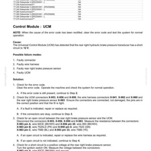 May include: A diagnostic document detailing fault codes for an electrical system. The text describes error code 2549, related to a short circuit in the right brake pressure transducer. Includes troubleshooting steps, connector checks, and wire harness inspections.