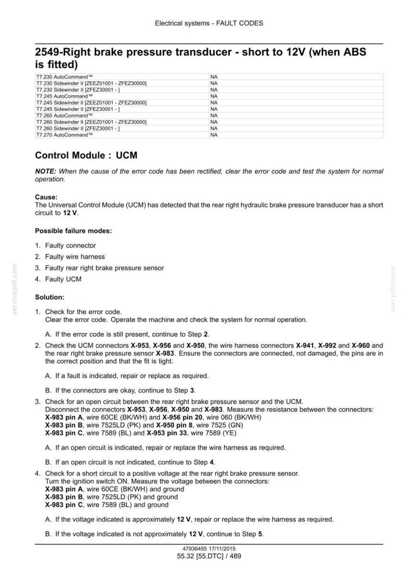 May include: A diagnostic document detailing fault codes for an electrical system. The text describes error code 2549, related to a short circuit in the right brake pressure transducer. Includes troubleshooting steps, connector checks, and wire harness inspections.