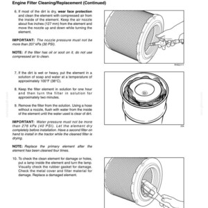 Puede incluir: P&aacute;gina de un manual de mantenimiento que detalla la limpieza y el reemplazo del filtro del motor. La imagen muestra diagramas del filtro e instrucciones para la limpieza con aire comprimido y agua. El texto incluye precauciones de seguridad y pasos de inspecci&oacute;n.