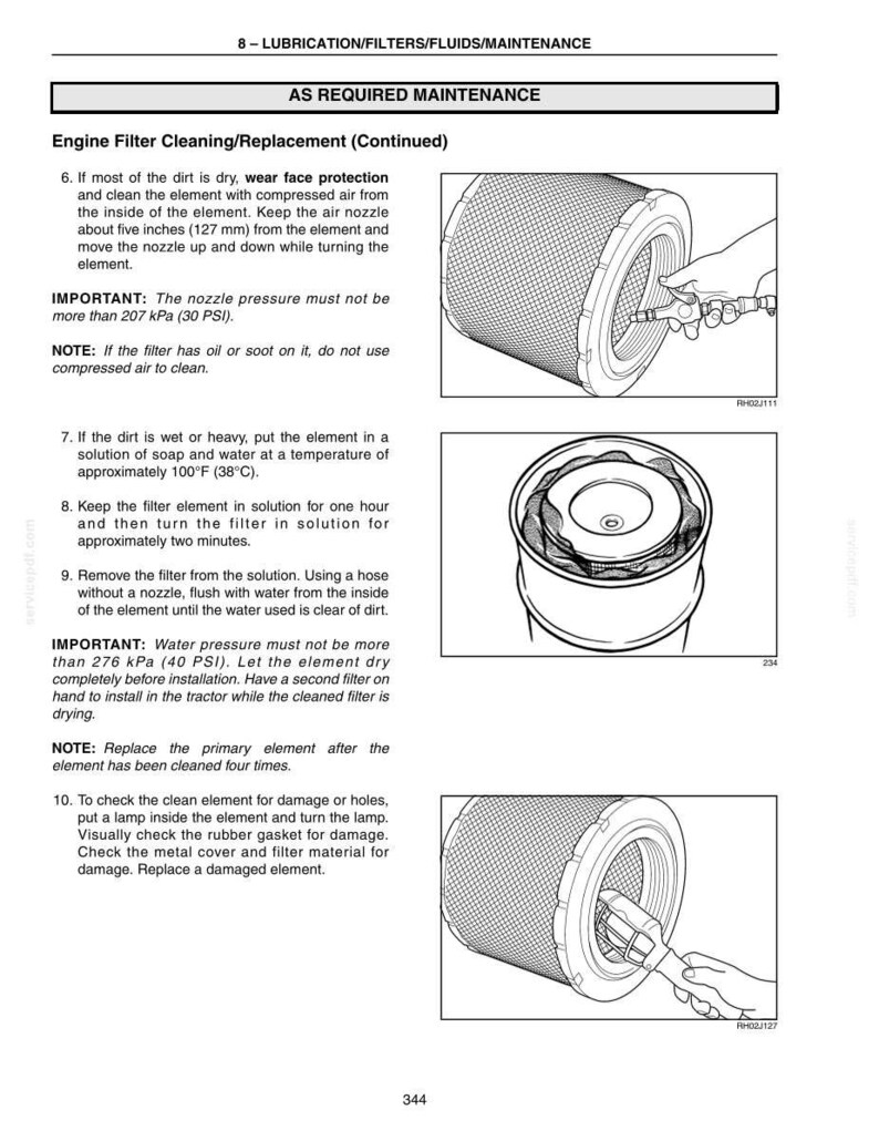 Puede incluir: P&aacute;gina de un manual de mantenimiento que detalla la limpieza y el reemplazo del filtro del motor. La imagen muestra diagramas del filtro e instrucciones para la limpieza con aire comprimido y agua. El texto incluye precauciones de seguridad y pasos de inspecci&oacute;n.