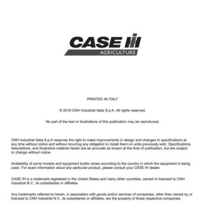 May include: A printed document from CNH Industrial Italia S.p.A. features the CASE IH Agriculture logo in black and red. The document includes text about technical publications and tools, with copyright information.