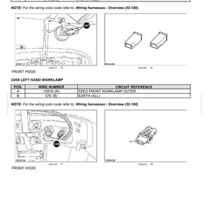 May include: Diagram of electrical systems, harnesses, and connectors. Includes wiring diagrams for the C057 horn and C058 left-hand worklamp. The diagrams show wire numbers, circuit references, and front hood views.