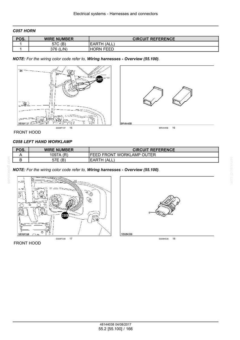 May include: Diagram of electrical systems, harnesses, and connectors. Includes wiring diagrams for the C057 horn and C058 left-hand worklamp. The diagrams show wire numbers, circuit references, and front hood views.