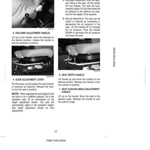 May include: Page from an instruction manual detailing seat adjustment controls. Includes images of levers and handles for recline, slide, height, depth, and cushion angle adjustments. Text explains each control's function for optimal seat positioning.
