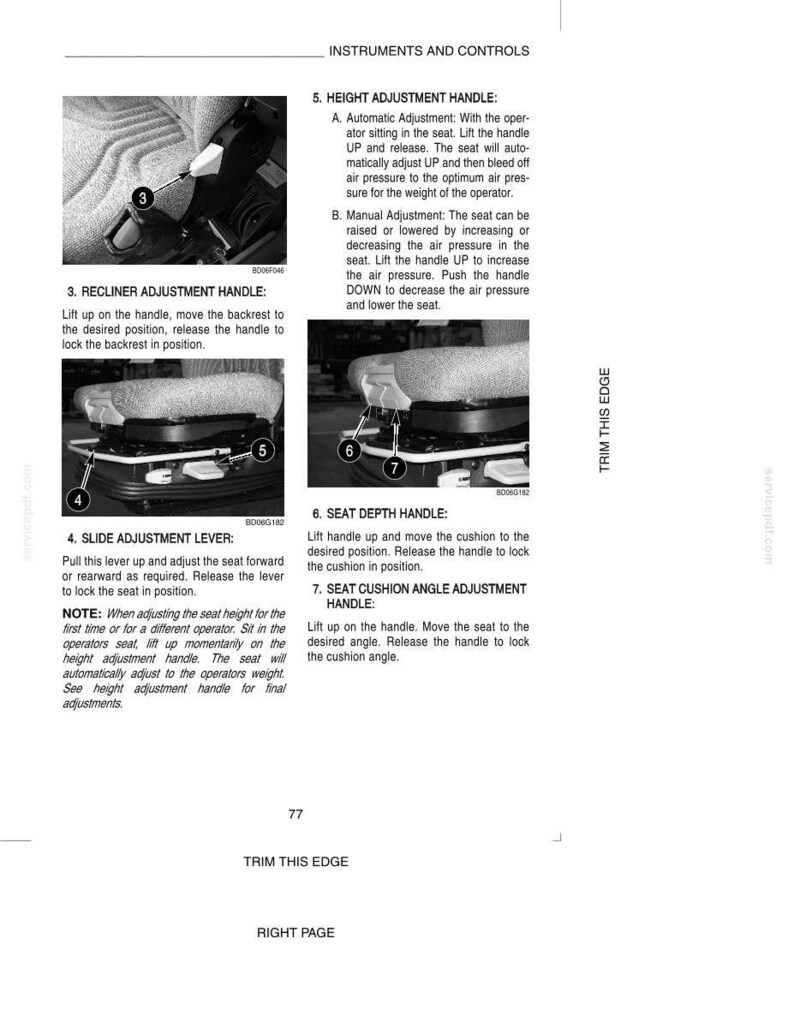 May include: Page from an instruction manual detailing seat adjustment controls. Includes images of levers and handles for recline, slide, height, depth, and cushion angle adjustments. Text explains each control's function for optimal seat positioning.