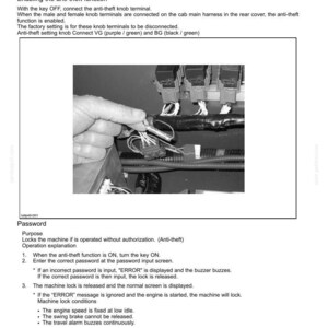 Puede incluir: Imagen en blanco y negro de una p&aacute;gina de manual t&eacute;cnico que detalla las funciones el&eacute;ctricas y del motor. La p&aacute;gina incluye texto sobre las funciones antirrobo y la configuraci&oacute;n de contrase&ntilde;as, junto con un diagrama de las conexiones del cableado.