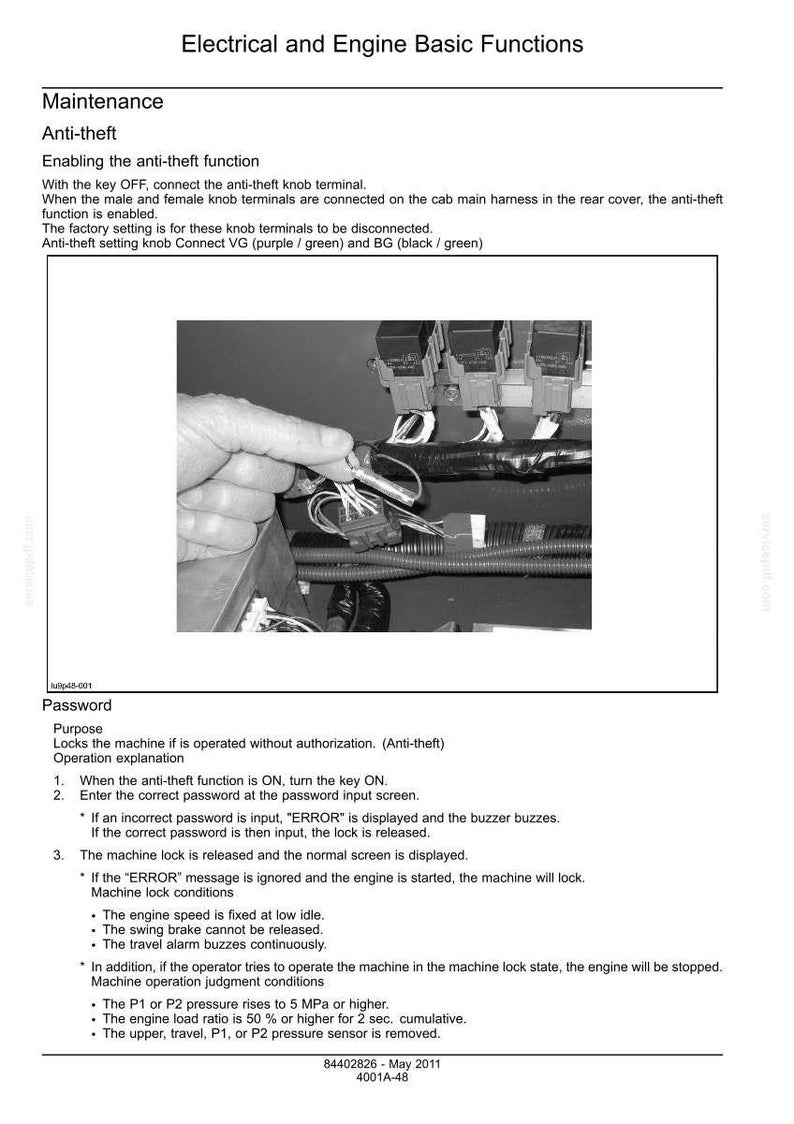 Puede incluir: Imagen en blanco y negro de una p&aacute;gina de manual t&eacute;cnico que detalla las funciones el&eacute;ctricas y del motor. La p&aacute;gina incluye texto sobre las funciones antirrobo y la configuraci&oacute;n de contrase&ntilde;as, junto con un diagrama de las conexiones del cableado.