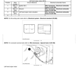 May include: Diagram of a car's electrical system, detailing the left-hand wiper motor and its wiring. Includes a table with wire numbers, circuit references, and schematic frame information. Also shows a close-up of the motor and connector X78.