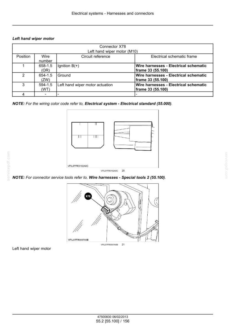 May include: Diagram of a car's electrical system, detailing the left-hand wiper motor and its wiring. Includes a table with wire numbers, circuit references, and schematic frame information. Also shows a close-up of the motor and connector X78.