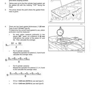 May include: Diagram of cylinder head installation instructions. Includes illustrations of engine components, measurements in millimeters and inches, and text instructions for gasket placement and piston protrusion measurement.