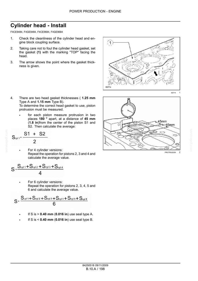 May include: Diagram of cylinder head installation instructions. Includes illustrations of engine components, measurements in millimeters and inches, and text instructions for gasket placement and piston protrusion measurement.