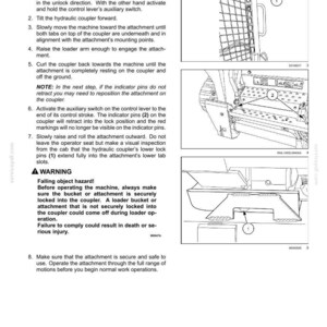 May include: Diagram of a machine attachment installation process. The image includes numbered steps, diagrams, and a warning about falling object hazards. The diagrams show the coupler, indicator pins, and other components.