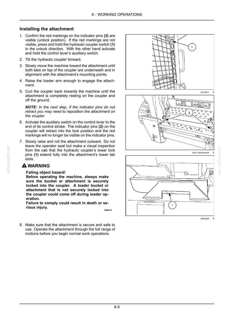 May include: Diagram of a machine attachment installation process. The image includes numbered steps, diagrams, and a warning about falling object hazards. The diagrams show the coupler, indicator pins, and other components.
