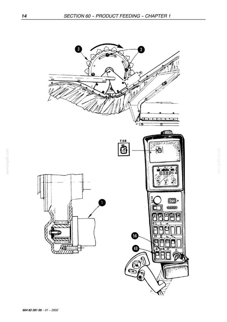 May include: An engineering diagram with the text "SECTION 60 - PRODUCT FEEDING - CHAPTER 1". The diagram shows a product feeding mechanism with a rotating toothed wheel, a control panel with buttons and a display, and other mechanical components.