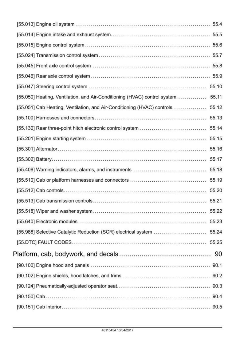 May include: A detailed table of contents from a manual, listing various vehicle systems and components. Sections include engine, transmission, and cab-related systems. The document is dated April 13, 2017.