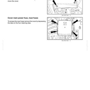 May include: A technical maintenance manual page titled 7 - MAINTENANCE. It features two black and white line drawings showing a fuse panel cover and a main power fuse cover with arrows indicating screw and tab locations for removal.