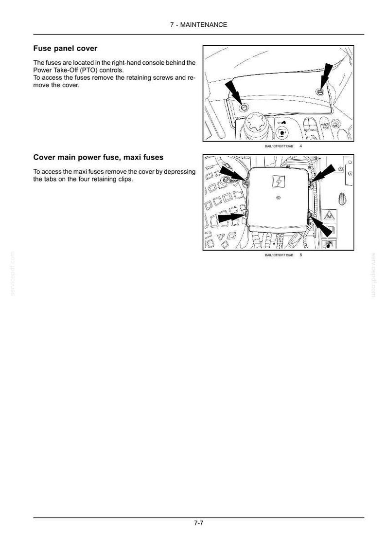 May include: A technical maintenance manual page titled 7 - MAINTENANCE. It features two black and white line drawings showing a fuse panel cover and a main power fuse cover with arrows indicating screw and tab locations for removal.