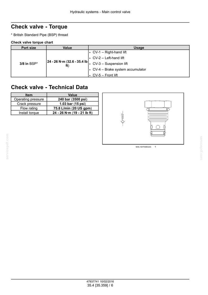 Puede incluir: Diagrama t&eacute;cnico de una v&aacute;lvula de retenci&oacute;n con especificaciones. Incluye una tabla con el tama&ntilde;o del puerto, el valor y los detalles de uso. El diagrama tambi&eacute;n muestra datos t&eacute;cnicos como la presi&oacute;n de funcionamiento a 240 bar y el par de instalaci&oacute;n a 24-26 N-m.