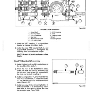 May include: A technical diagram titled Section 5 - Transmission Systems showing the Rear PTO Shaft Installation and Rear PTO Countershaft Assembly. It includes numbered parts, mechanical drawings of gears and shafts, and instructional text for assembly.