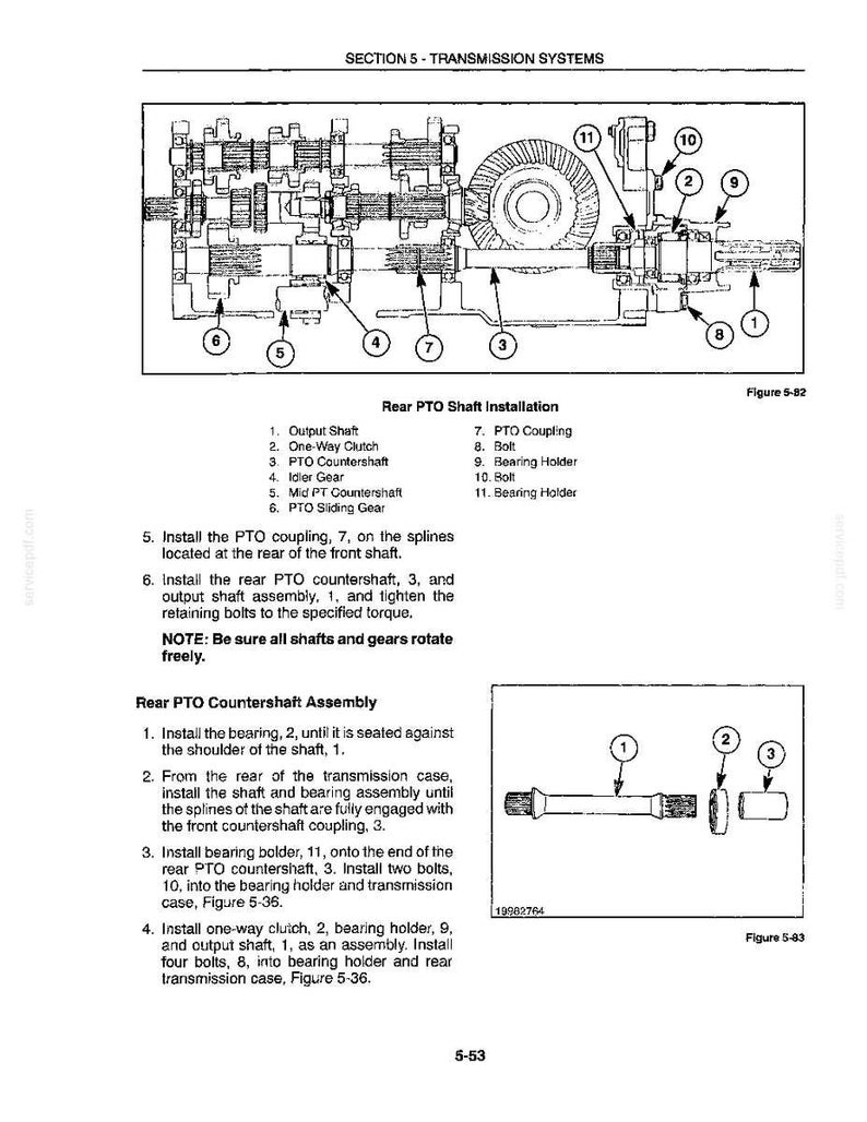May include: A technical diagram titled Section 5 - Transmission Systems showing the Rear PTO Shaft Installation and Rear PTO Countershaft Assembly. It includes numbered parts, mechanical drawings of gears and shafts, and instructional text for assembly.