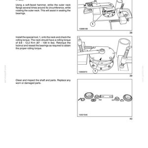 May include: A technical manual page titled SECTION 31 - IMPLEMENT POWER TAKE OFF (PTO) - CHAPTER 5, featuring three black and white line drawings showing mechanical assembly steps, numbered 38, 39, and 40, with instructions for tightening lock nuts.