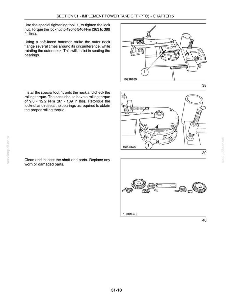 May include: A technical manual page titled SECTION 31 - IMPLEMENT POWER TAKE OFF (PTO) - CHAPTER 5, featuring three black and white line drawings showing mechanical assembly steps, numbered 38, 39, and 40, with instructions for tightening lock nuts.