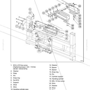 Op de afbeelding: Een technisch diagram getiteld SECTION 84 - BACKHOE DISASSEMBLY AND ASSEMBLY, met een explosietekening van mechanische onderdelen genummerd 1 tot en met 26. De afbeelding toont schroeven, ringen, pennen, afstandhouders en cilinders met lijnen die naar hun posities in de assemblage wijzen.