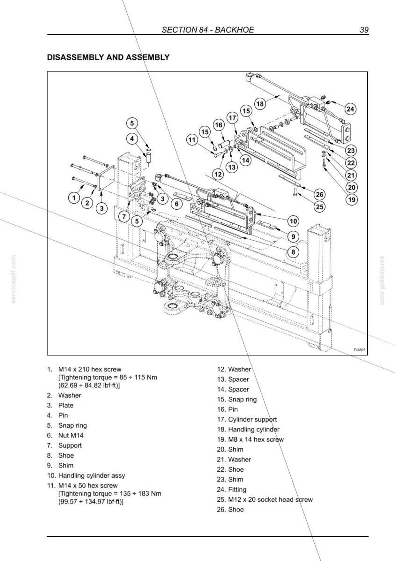 Op de afbeelding: Een technisch diagram getiteld SECTION 84 - BACKHOE DISASSEMBLY AND ASSEMBLY, met een explosietekening van mechanische onderdelen genummerd 1 tot en met 26. De afbeelding toont schroeven, ringen, pennen, afstandhouders en cilinders met lijnen die naar hun posities in de assemblage wijzen.