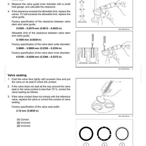 May include: Diagram of engine cylinder heads with instructions for measuring valve stem clearance and valve seating. Includes measurements in inches and millimeters, and illustrations of the process.