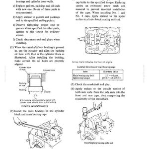 May include: Diagram of engine assembly instructions. Includes illustrations of installing camshaft bushings, main bearings, and bearing caps. Text details steps for assembly, including applying oil, sealant, and tightening bolts.
