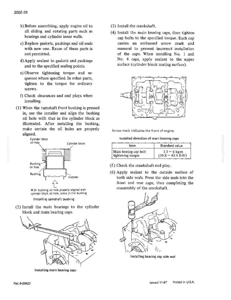 May include: Diagram of engine assembly instructions. Includes illustrations of installing camshaft bushings, main bearings, and bearing caps. Text details steps for assembly, including applying oil, sealant, and tightening bolts.