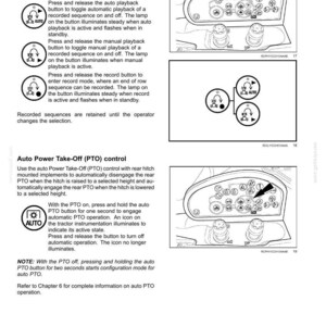 May include: A technical manual page titled 3-CONTROLS AND INSTRUMENTS featuring black and white line drawings of a tractor control panel. The diagrams illustrate headland management controls and auto Power Take-Off (PTO) control buttons.