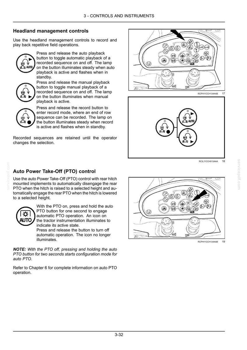 May include: A technical manual page titled 3-CONTROLS AND INSTRUMENTS featuring black and white line drawings of a tractor control panel. The diagrams illustrate headland management controls and auto Power Take-Off (PTO) control buttons.