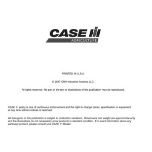 May include: White document with the "CASE IH AGRICULTURE" logo in black and gray. Text includes "Printed in U.S.A." and copyright information for CNH Industrial America LLC. The document is a technical publication.