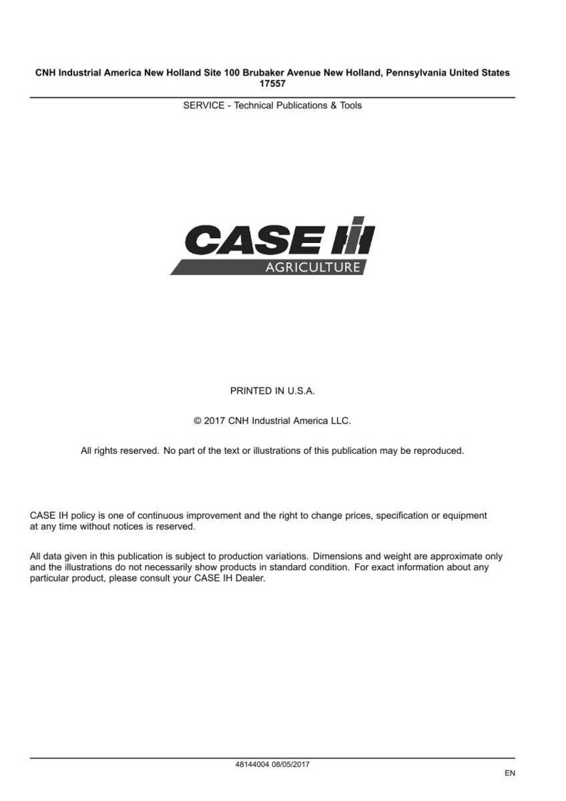 May include: White document with the "CASE IH AGRICULTURE" logo in black and gray. Text includes "Printed in U.S.A." and copyright information for CNH Industrial America LLC. The document is a technical publication.