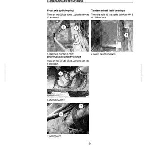 May include: Diagram of automotive components with labels for lubrication. Includes images of front axle spindle pivot, universal joint, drive shaft, and tandem wheel shaft bearings. Text indicates the number of lube points and lubrication instructions.