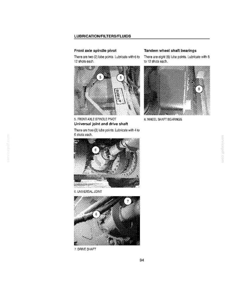May include: Diagram of automotive components with labels for lubrication. Includes images of front axle spindle pivot, universal joint, drive shaft, and tandem wheel shaft bearings. Text indicates the number of lube points and lubrication instructions.