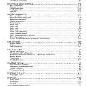Puede incluir: Una p&aacute;gina de manual con un &iacute;ndice. Las secciones incluyen &laquo;Transporte de recuperaci&oacute;n&raquo;, &laquo;Controles del lado derecho&raquo; e &laquo;Informaci&oacute;n de seguridad&raquo;. El texto es negro sobre fondo blanco.