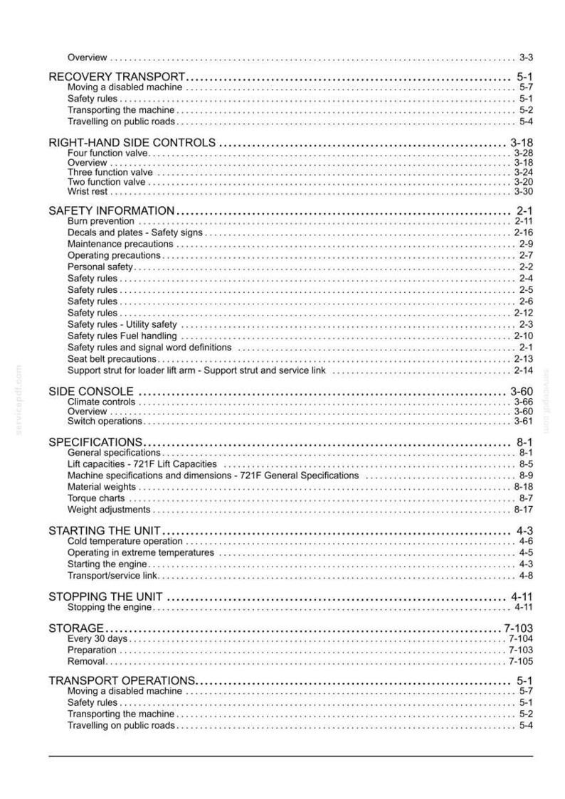 Puede incluir: Una p&aacute;gina de manual con un &iacute;ndice. Las secciones incluyen &laquo;Transporte de recuperaci&oacute;n&raquo;, &laquo;Controles del lado derecho&raquo; e &laquo;Informaci&oacute;n de seguridad&raquo;. El texto es negro sobre fondo blanco.