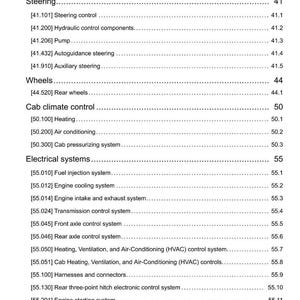 May include: A detailed technical document with a table of contents. The document lists various systems and components, including steering, wheels, cab climate control, and electrical systems. The document also includes a date at the bottom.
