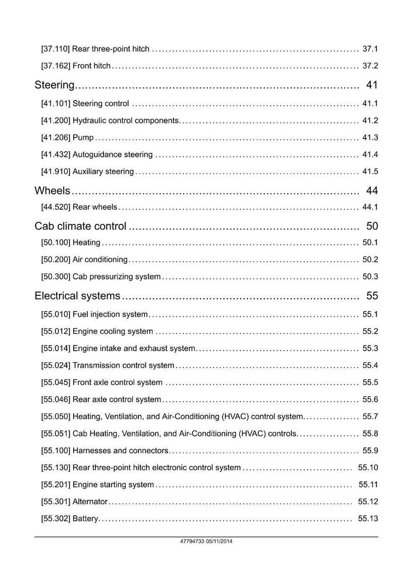 May include: A detailed technical document with a table of contents. The document lists various systems and components, including steering, wheels, cab climate control, and electrical systems. The document also includes a date at the bottom.