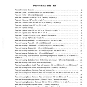 May include: Index page from a manual detailing the rear axle system, with a table of contents. The document includes sections on installation, removal, and exploded views, with measurements in inches.
