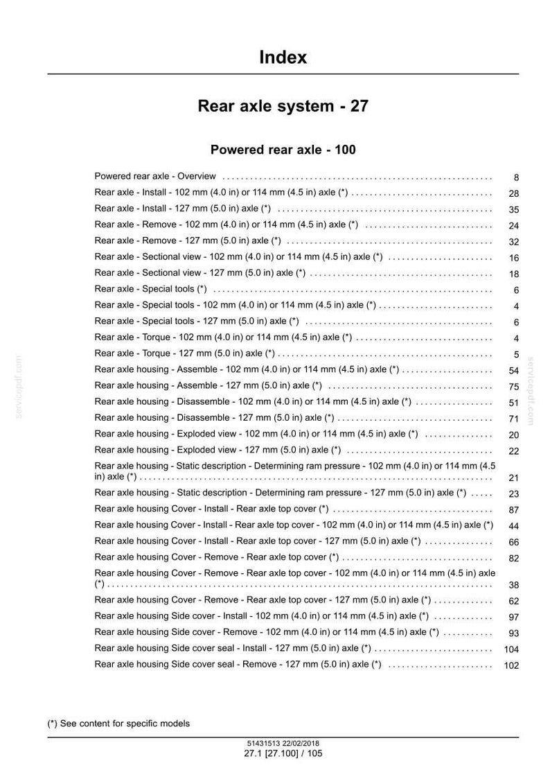 May include: Index page from a manual detailing the rear axle system, with a table of contents. The document includes sections on installation, removal, and exploded views, with measurements in inches.