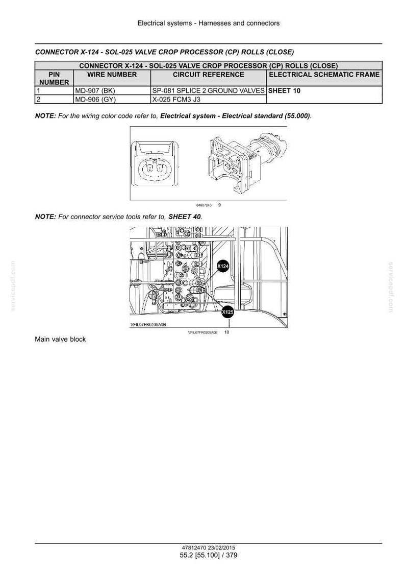 May include: Technical diagram showing electrical system components, such as a connector and valve crop processor. Text includes "CONNECTOR X-124" and "Electrical systems - Harnesses and connectors." The image is a detailed technical illustration.