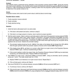 May include: Diagnostic and troubleshooting guide for electrical systems, displaying fault code E0330-03 related to the propulsion reverse solenoid. Includes steps for testing and resolving issues, with measurements in Amperes and Ohms.