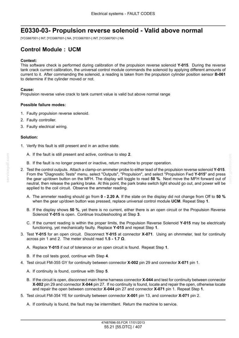 May include: Diagnostic and troubleshooting guide for electrical systems, displaying fault code E0330-03 related to the propulsion reverse solenoid. Includes steps for testing and resolving issues, with measurements in Amperes and Ohms.